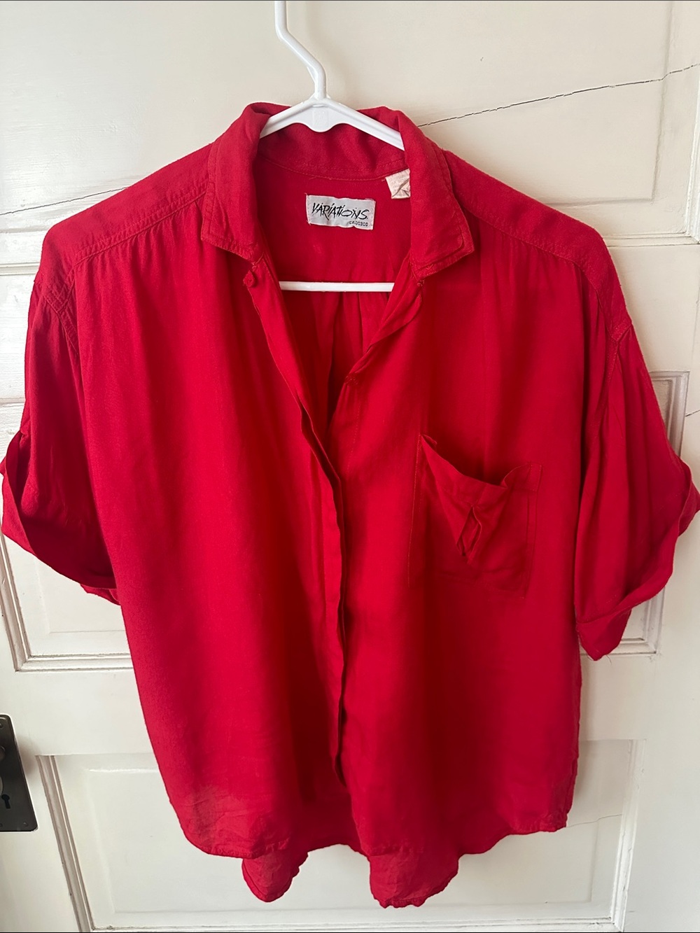 Vintage Bright Red Short-Sleeve Button-Up Shirt Chest Pocket Relaxed Collar